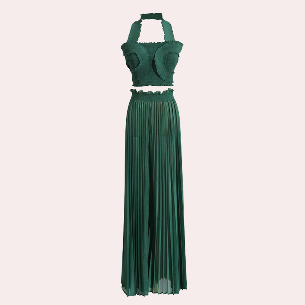 2-Piece Contemporary Ensemble - Elegant Ladies Top And Pleated Trousers