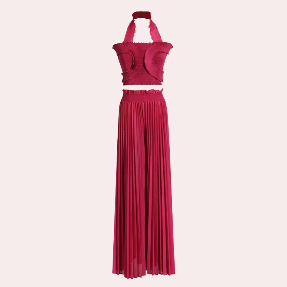 2-Piece Contemporary Ensemble - Elegant Ladies Top And Pleated Trousers