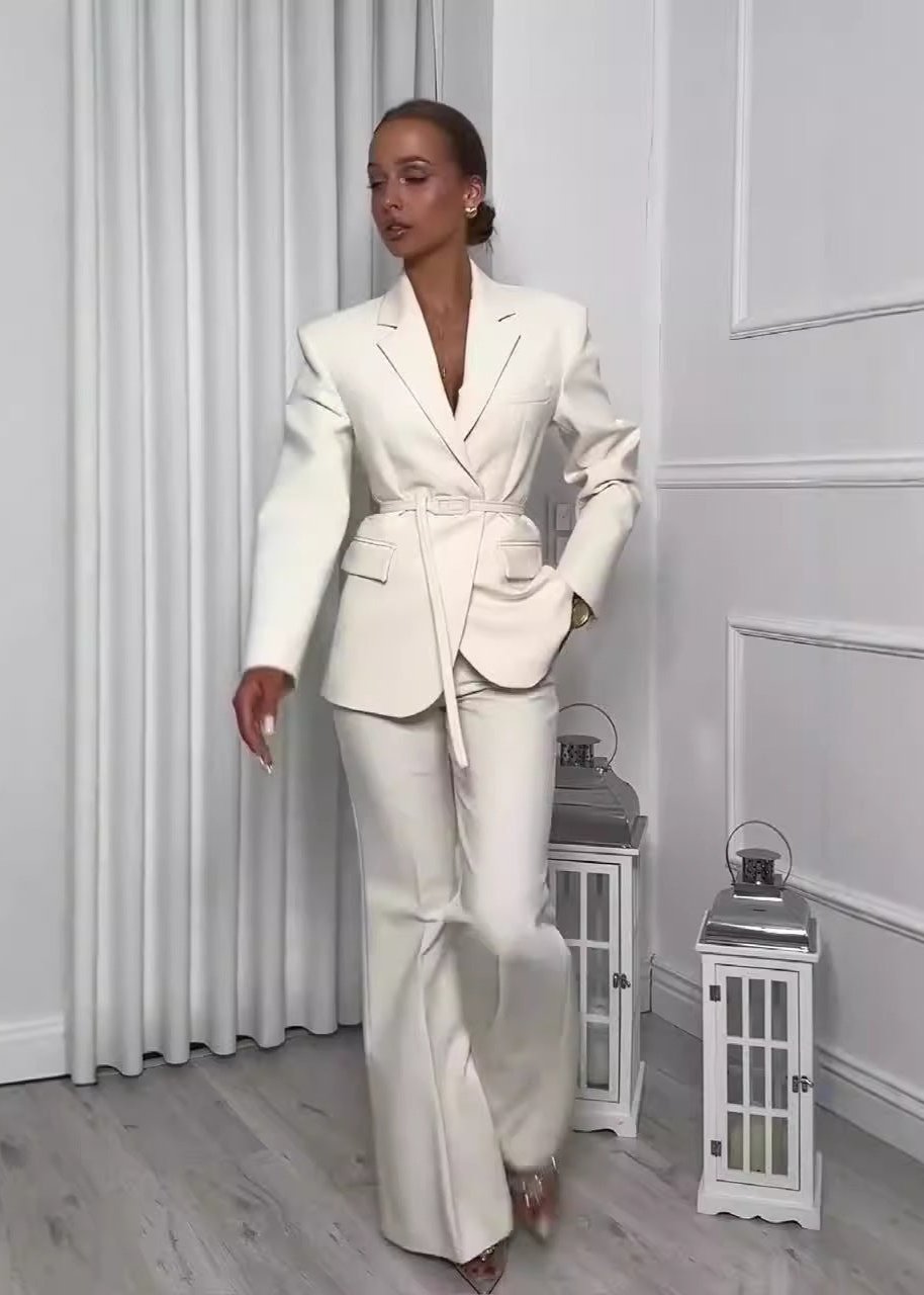 2-piece elegant belted blazer & trouser business suit set - white