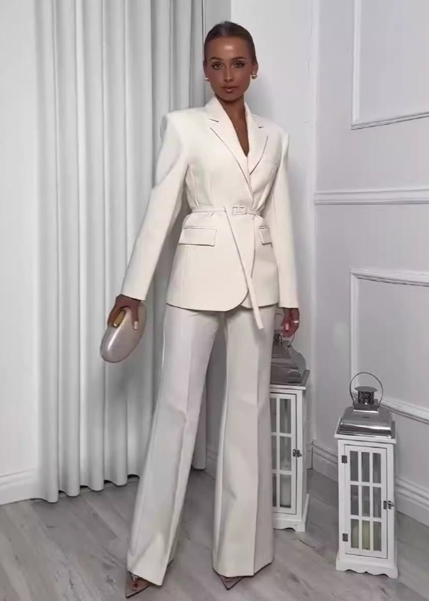 2-piece elegant belted blazer & trouser business suit set - white