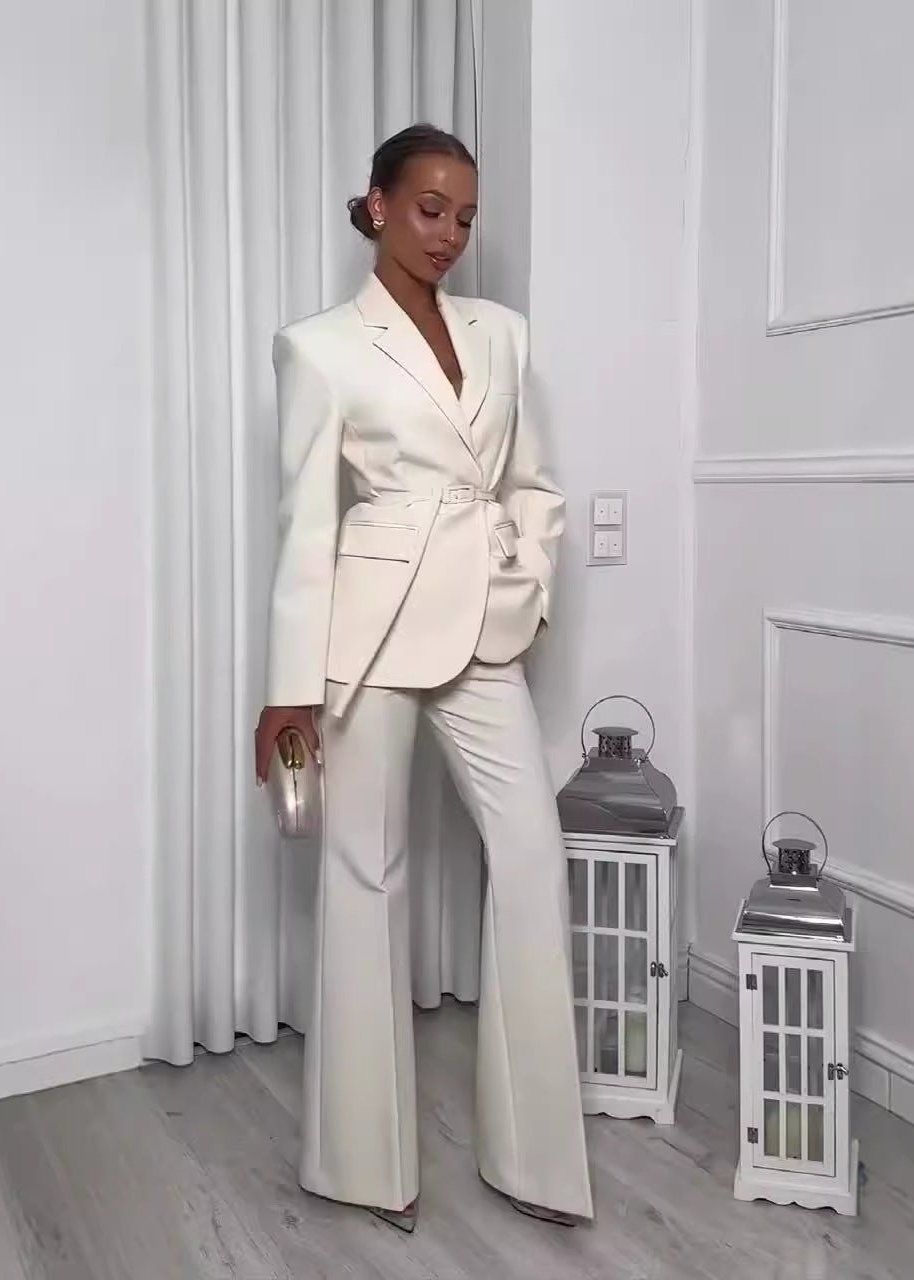2-piece elegant belted blazer & trouser business suit set - white