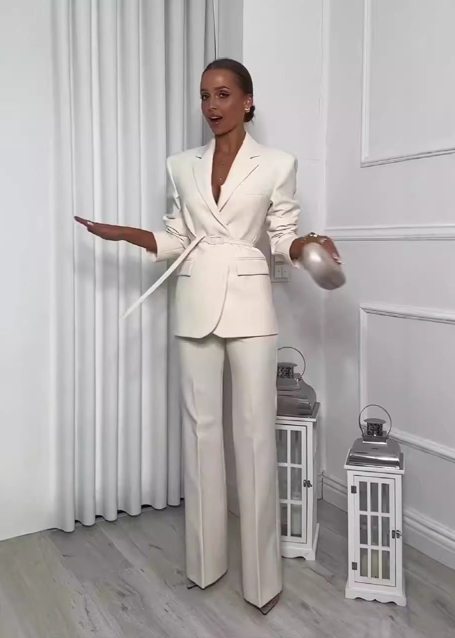 2-piece elegant belted blazer & trouser business suit set - white