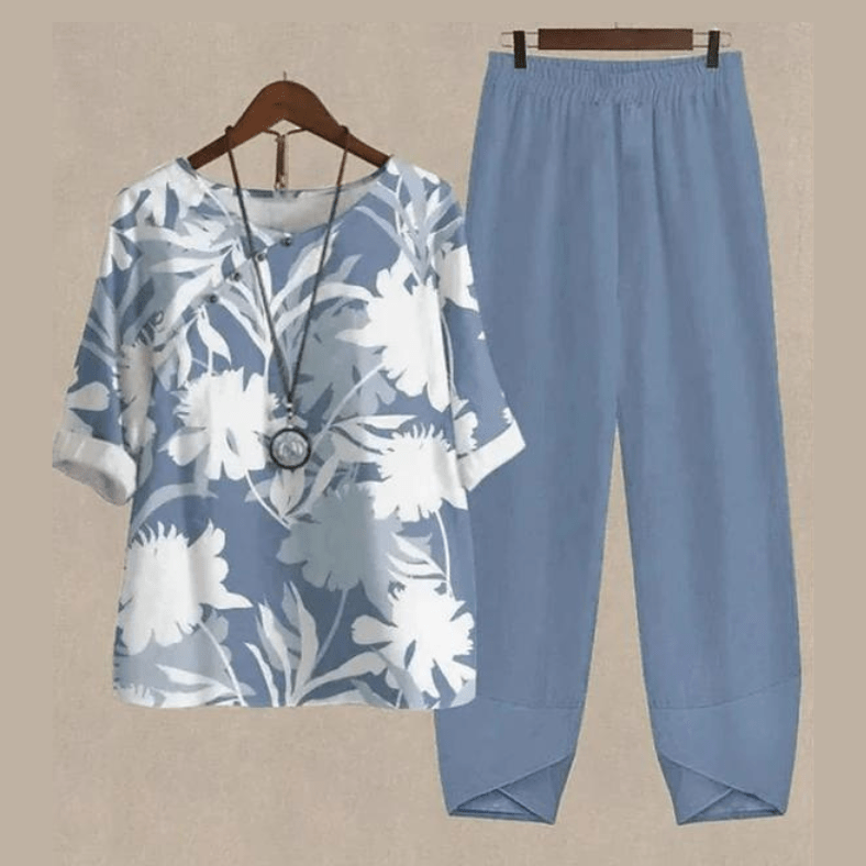 2-Piece Ladies Butterfly Print Top And Trousers Set - Casual Loungewear