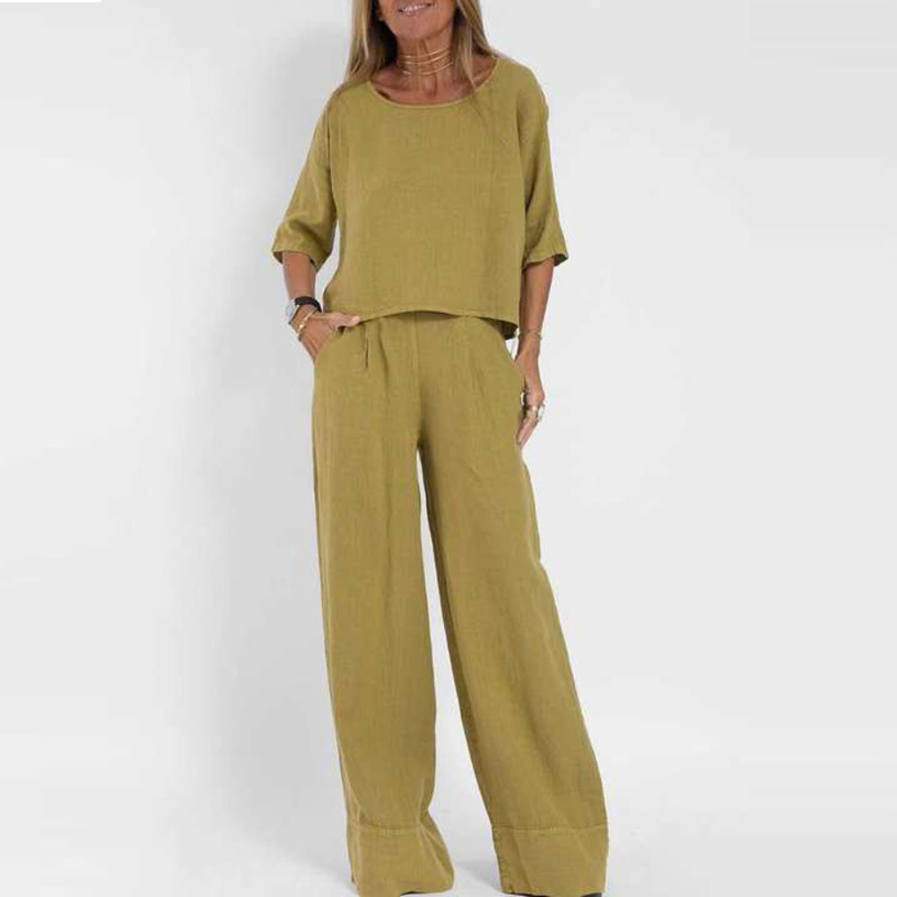 2-Piece Linen Co-Ord Set - Stylish Ladies Top And Wide-Leg Trousers
