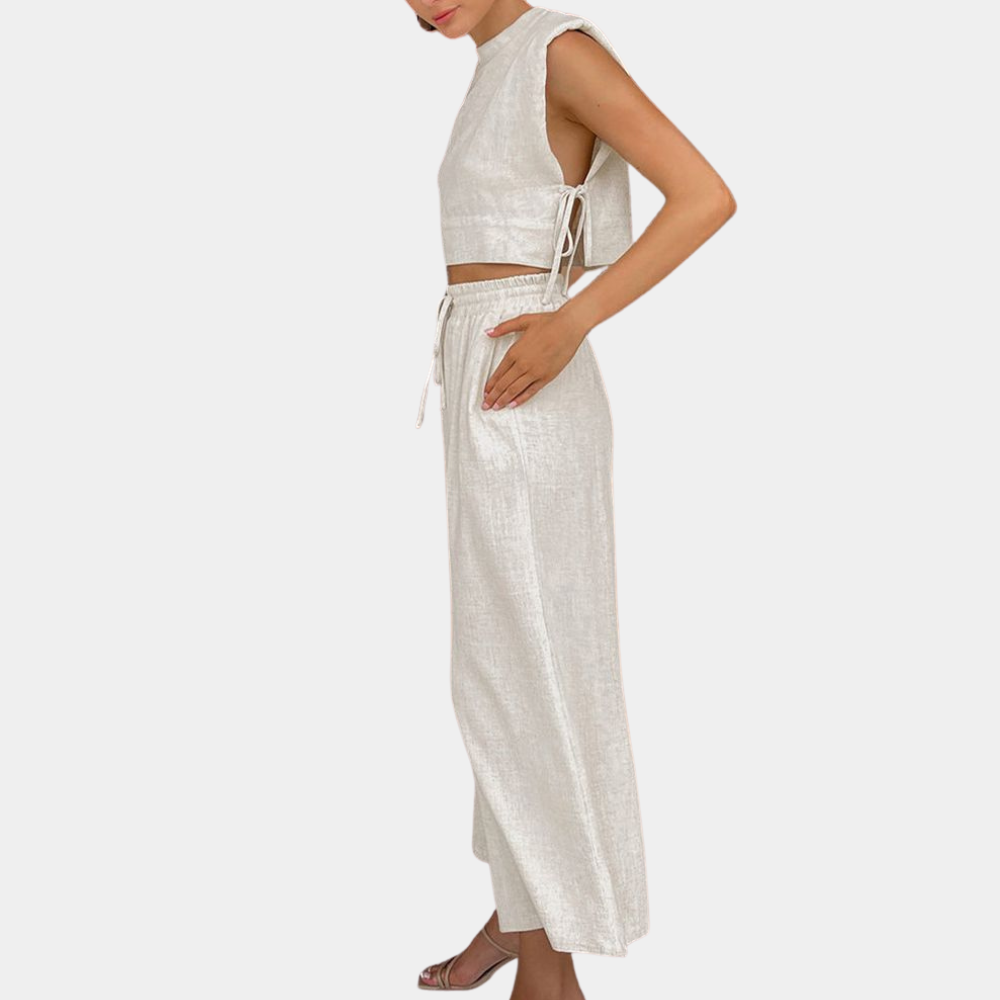 2-Piece Linen Co-Ord Set - Trendy Ladies Cropped Top And Wide-Leg Trousers