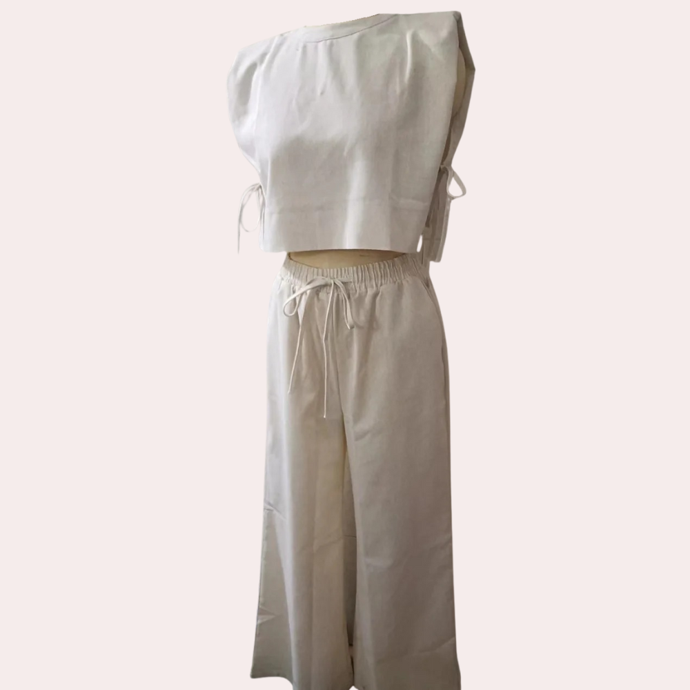 2-Piece Linen Co-Ord Set - Trendy Ladies Cropped Top And Wide-Leg Trousers