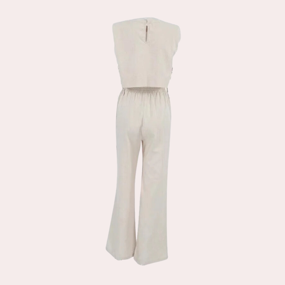 2-Piece Linen Co-Ord Set - Trendy Ladies Cropped Top And Wide-Leg Trousers