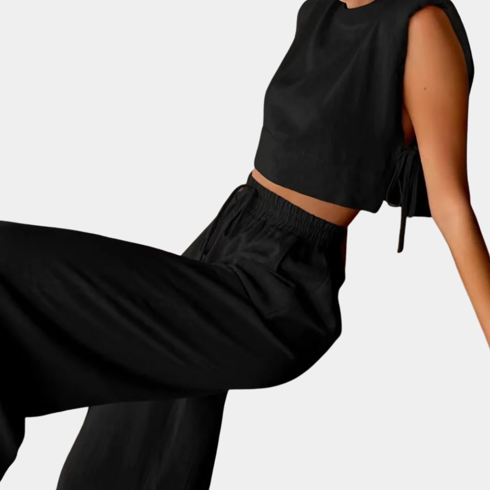 2-Piece Linen Co-Ord Set - Trendy Ladies Cropped Top And Wide-Leg Trousers
