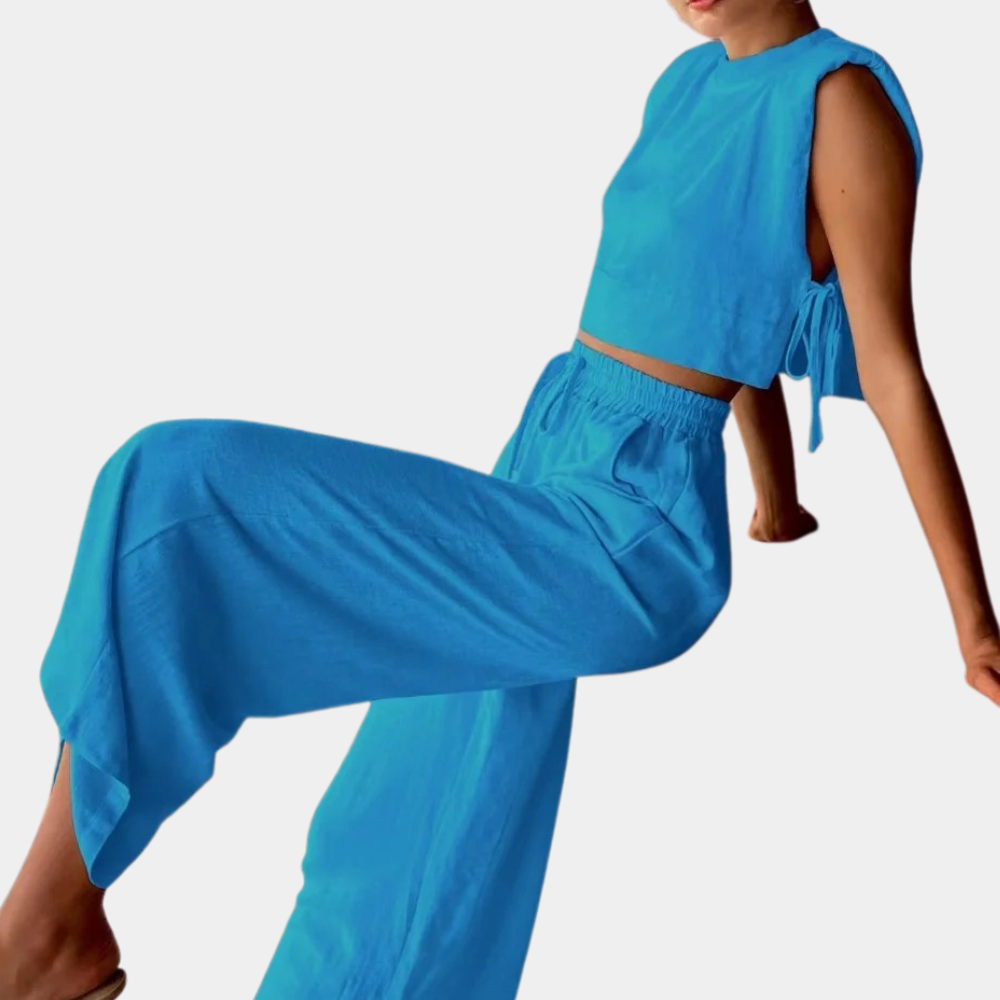 2-Piece Linen Co-Ord Set - Trendy Ladies Cropped Top And Wide-Leg Trousers