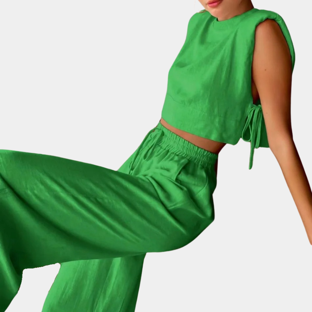 2-Piece Linen Co-Ord Set - Trendy Ladies Cropped Top And Wide-Leg Trousers