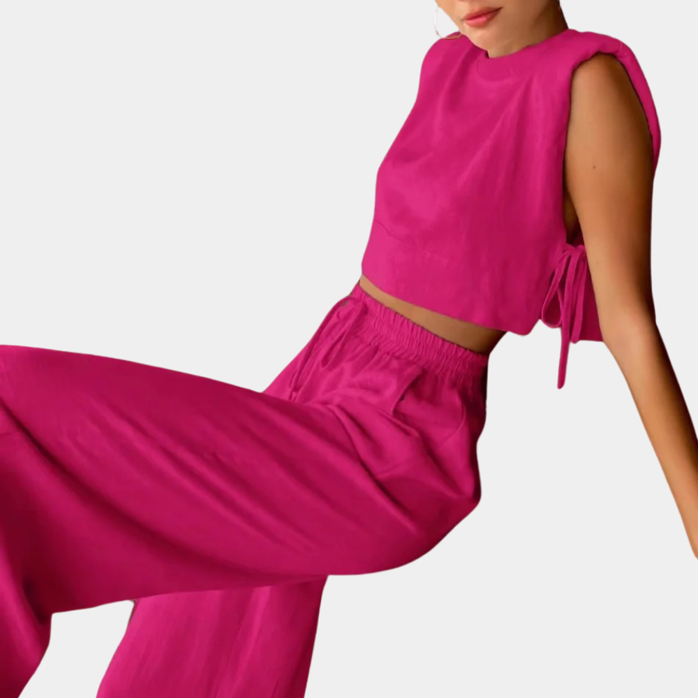 2-Piece Linen Co-Ord Set - Trendy Ladies Cropped Top And Wide-Leg Trousers