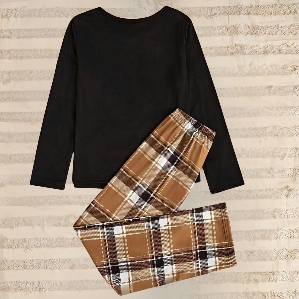 2-Piece Lounge Set - Black Ladies Crew Neck Top And Checked Trousers