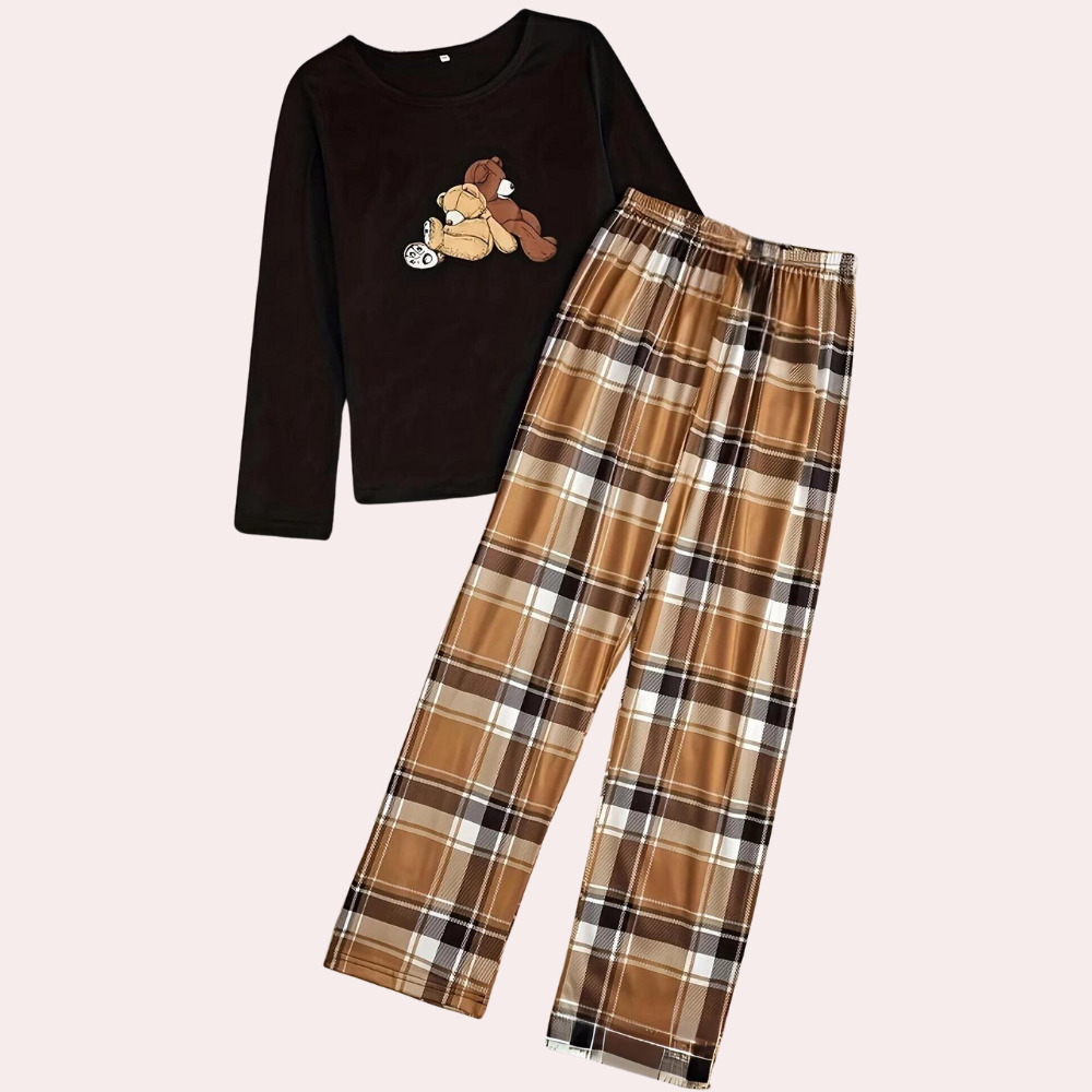 2-Piece Lounge Set - Black Ladies Crew Neck Top And Checked Trousers