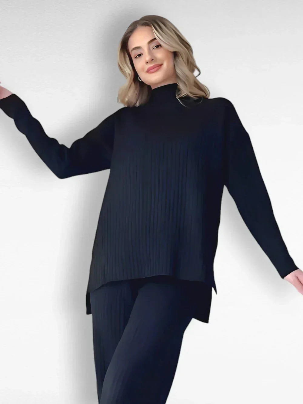 2-piece lounge set - stylish ladies ribbed knit top and trousers