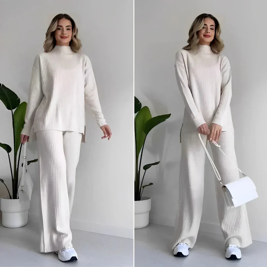 2-piece lounge set - stylish ladies ribbed knit top and trousers