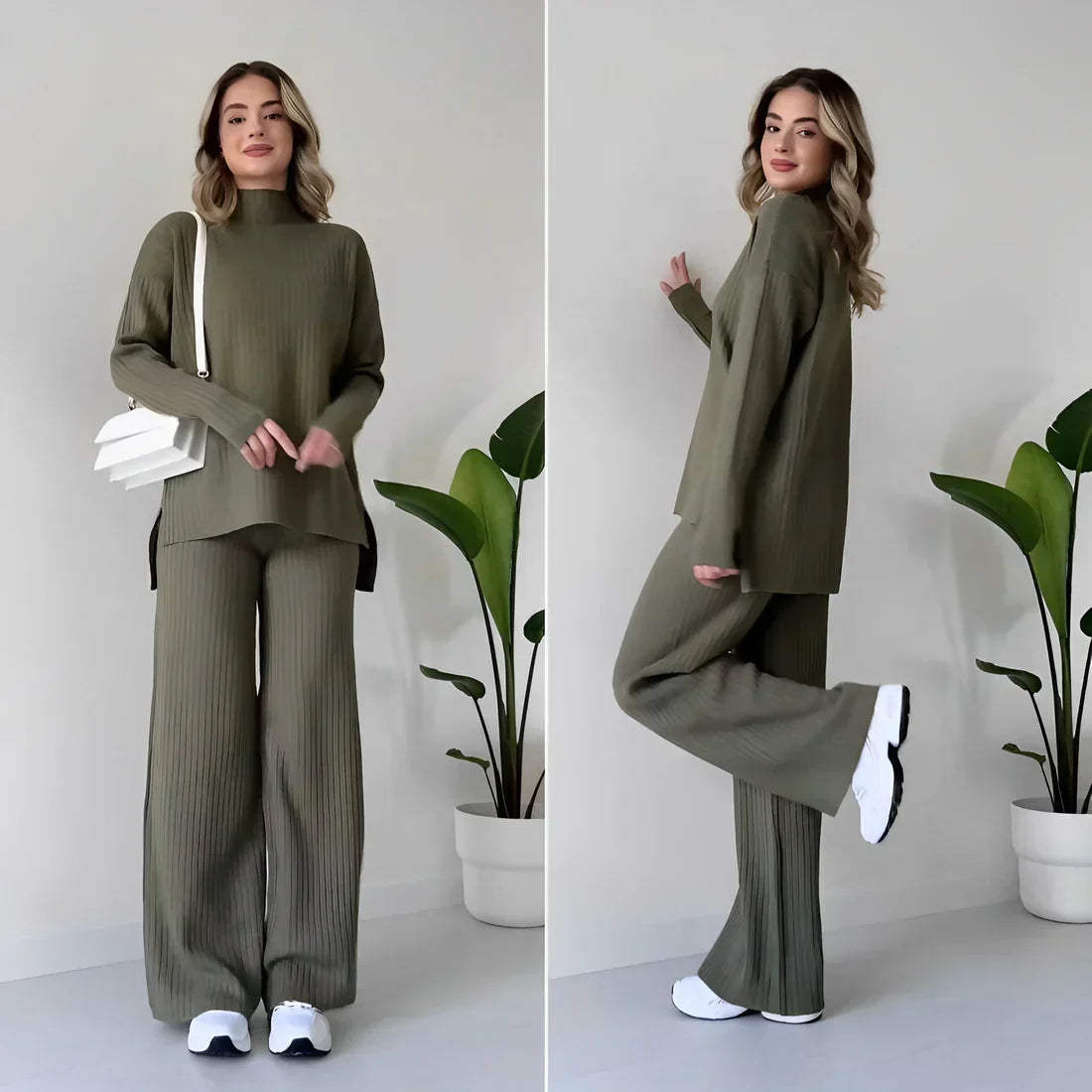 2-piece lounge set - stylish ladies ribbed knit top and trousers