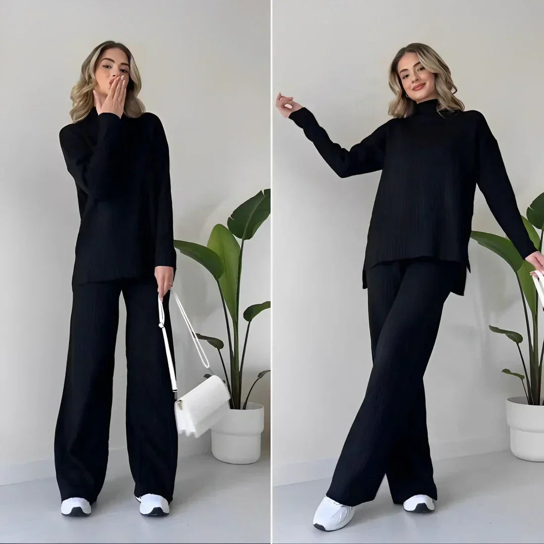 2-piece lounge set - stylish ladies ribbed knit top and trousers