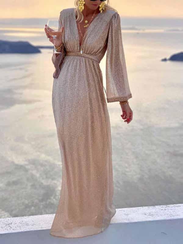 Beige evening dress - elegant shimmer ladies maxi dress