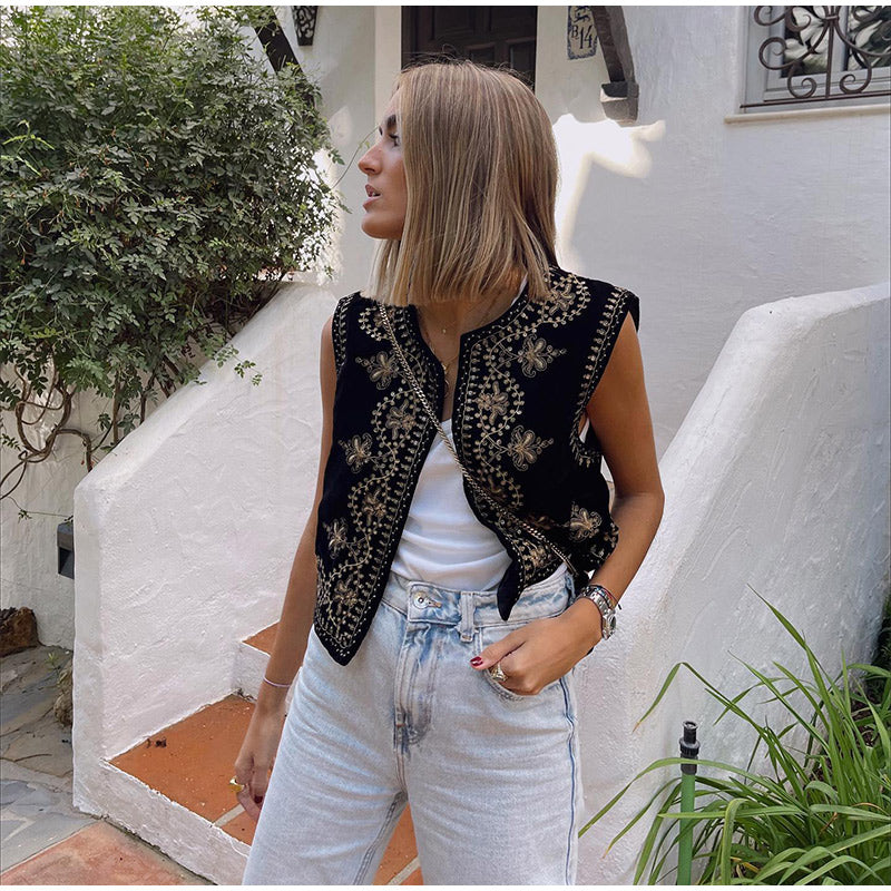 Black Embroidered Waistcoat - Elegant Ladies Sleeveless Jacket