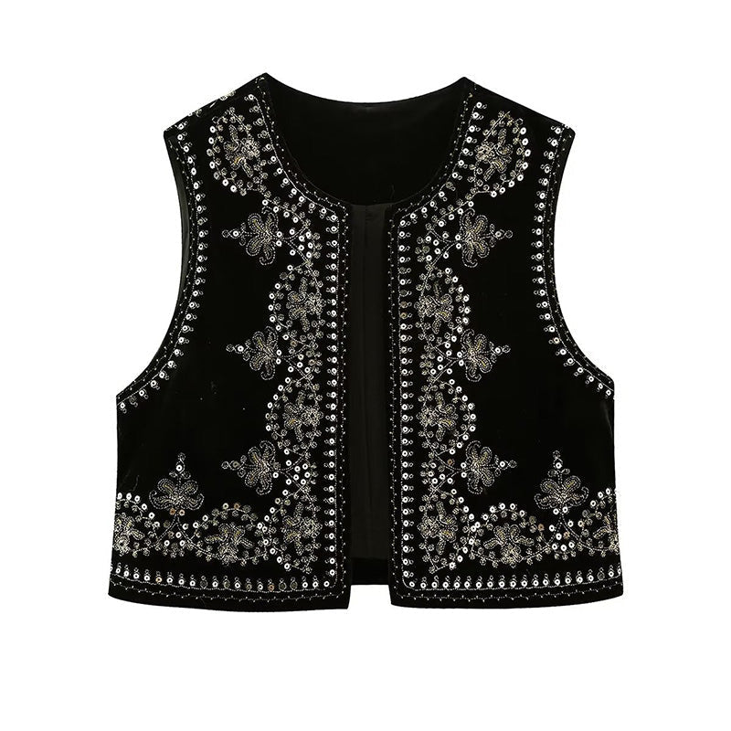 Black Embroidered Waistcoat - Elegant Ladies Sleeveless Jacket