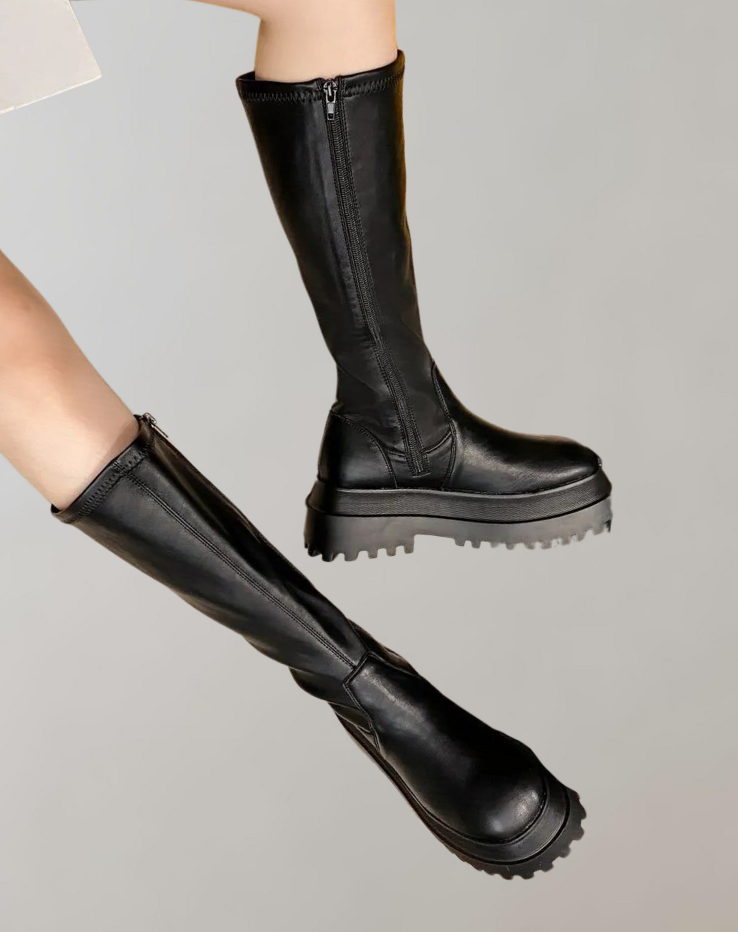 Black knee-high boots - stylish chunky sole ladies footwear