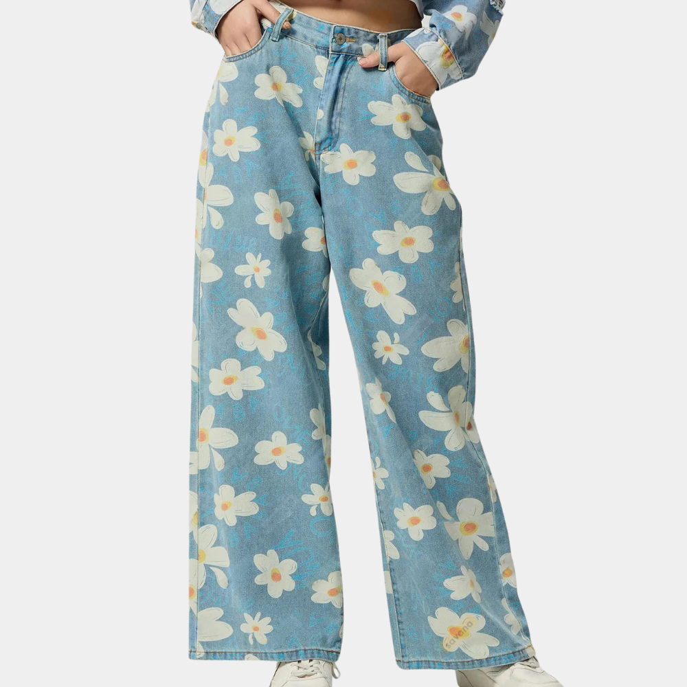 Blue Denim Ladies Trousers - Wide Leg Floral Jeans