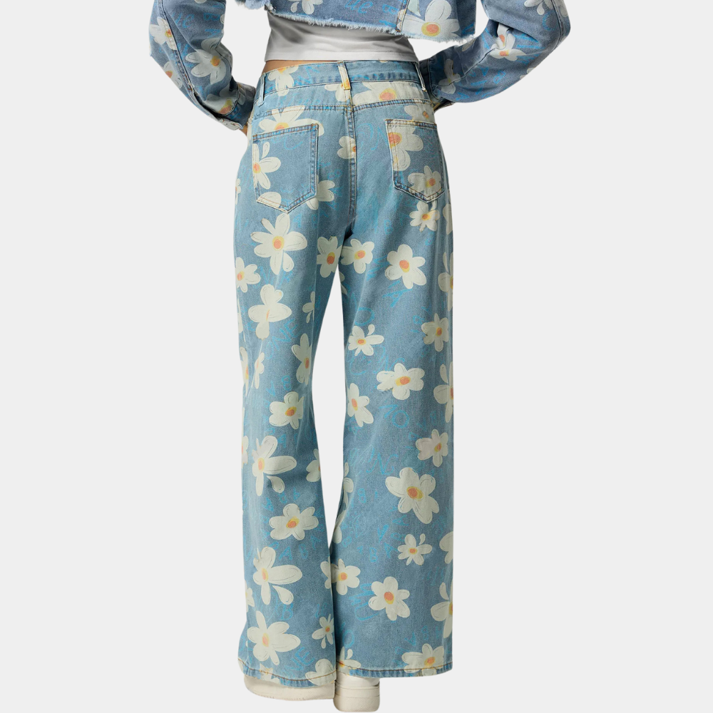Blue Denim Ladies Trousers - Wide Leg Floral Jeans