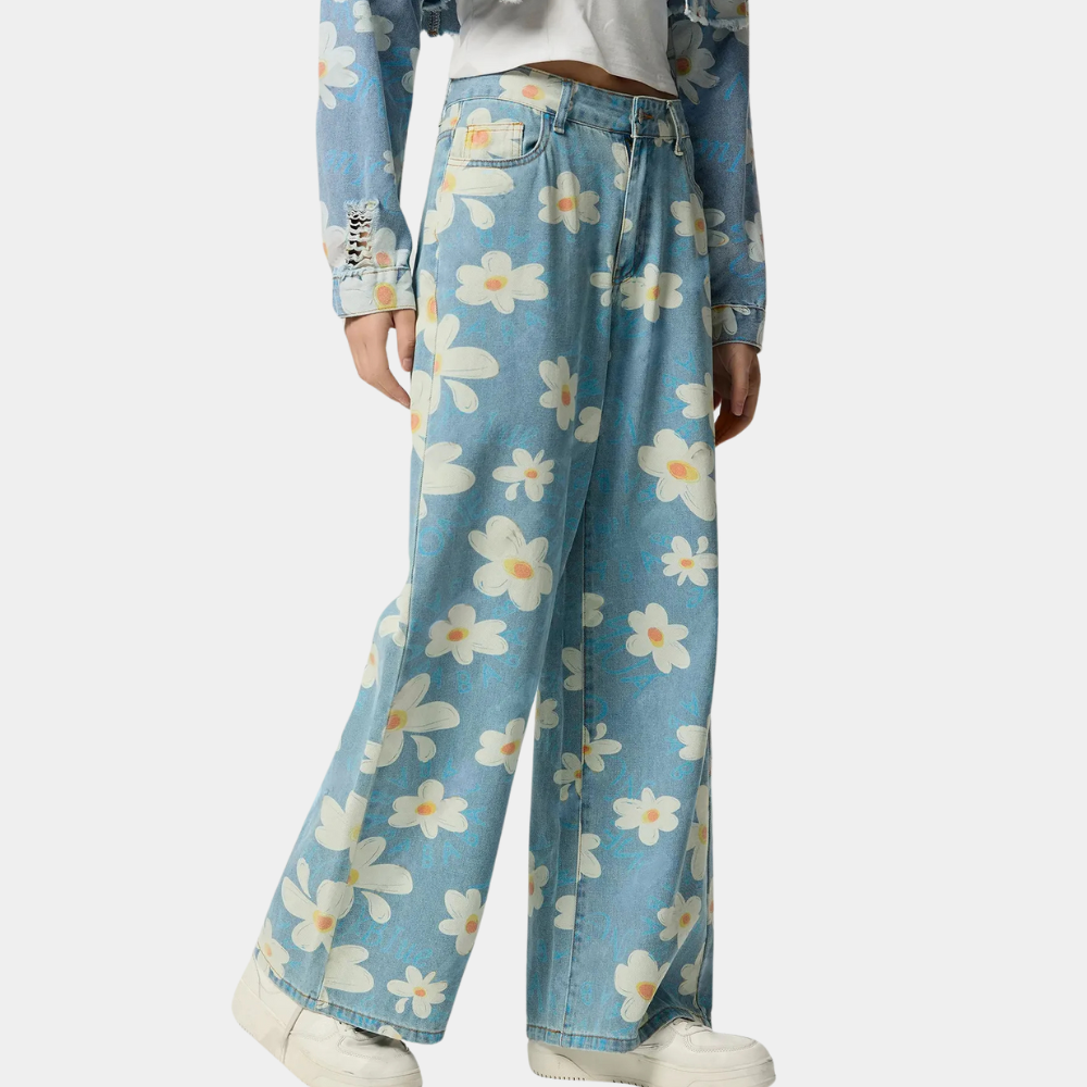 Blue Denim Ladies Trousers - Wide Leg Floral Jeans