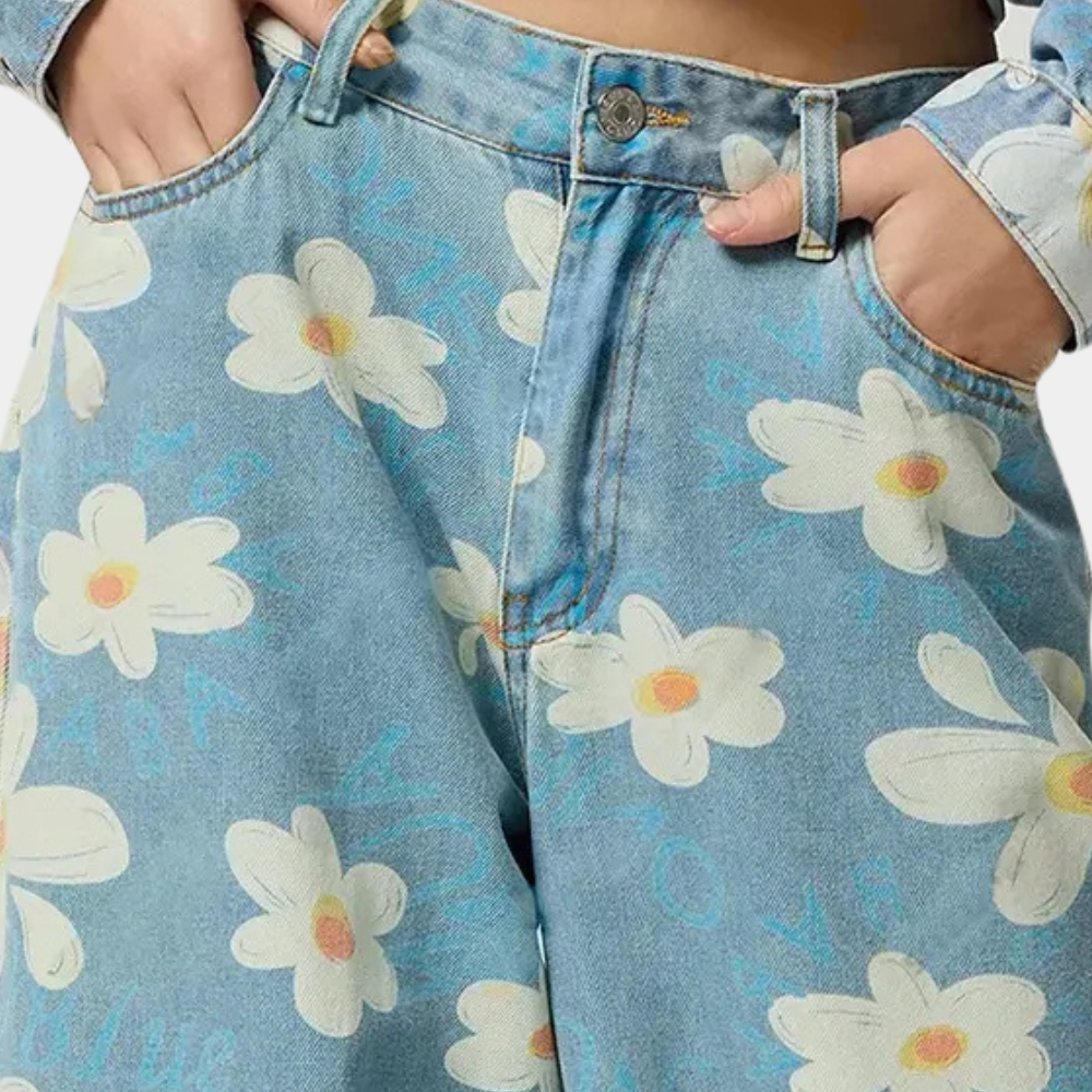 Blue Denim Ladies Trousers - Wide Leg Floral Jeans