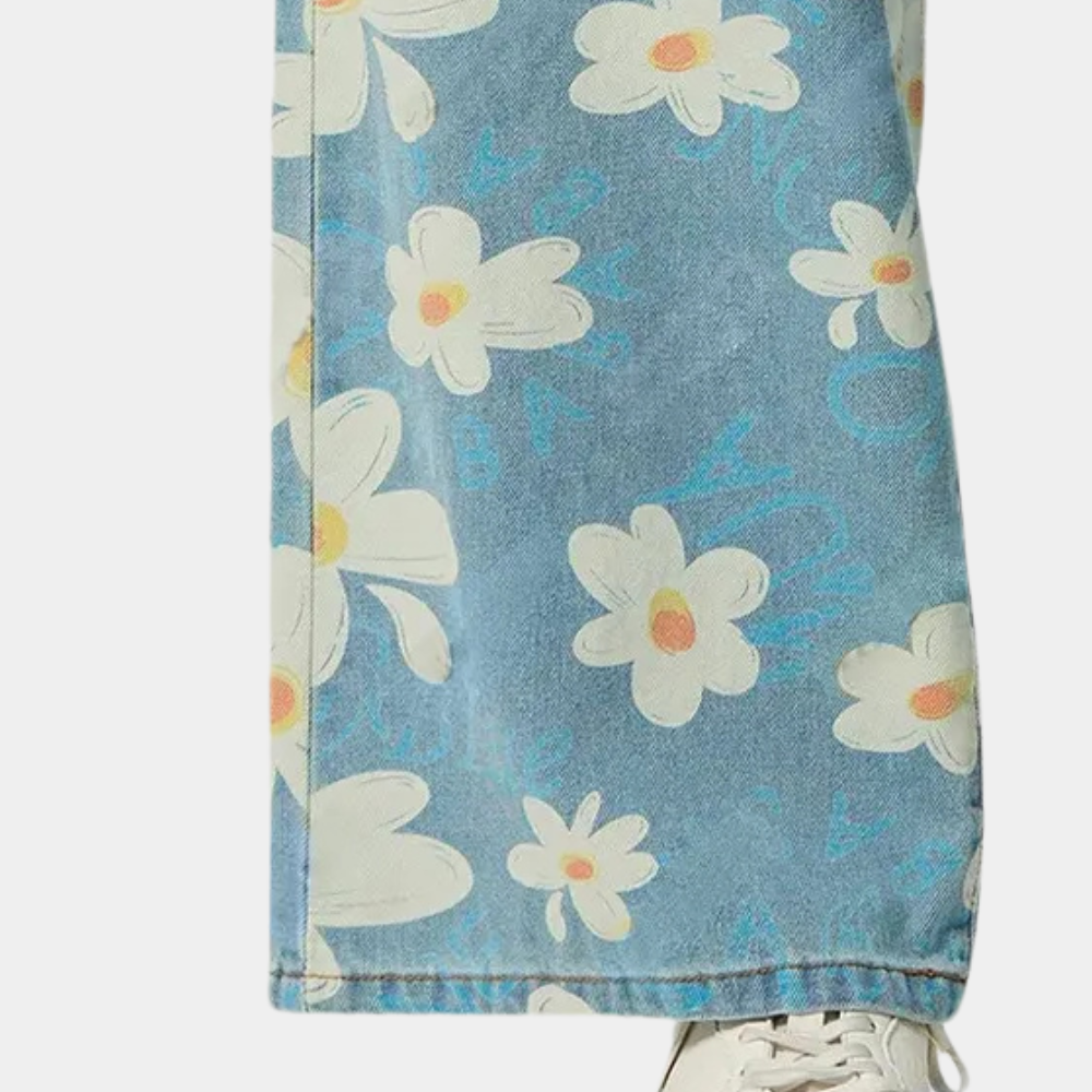 Blue Denim Ladies Trousers - Wide Leg Floral Jeans