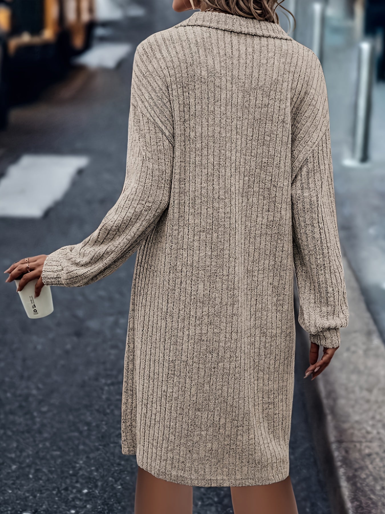Brown knitted dress - ladies half-zip collar style