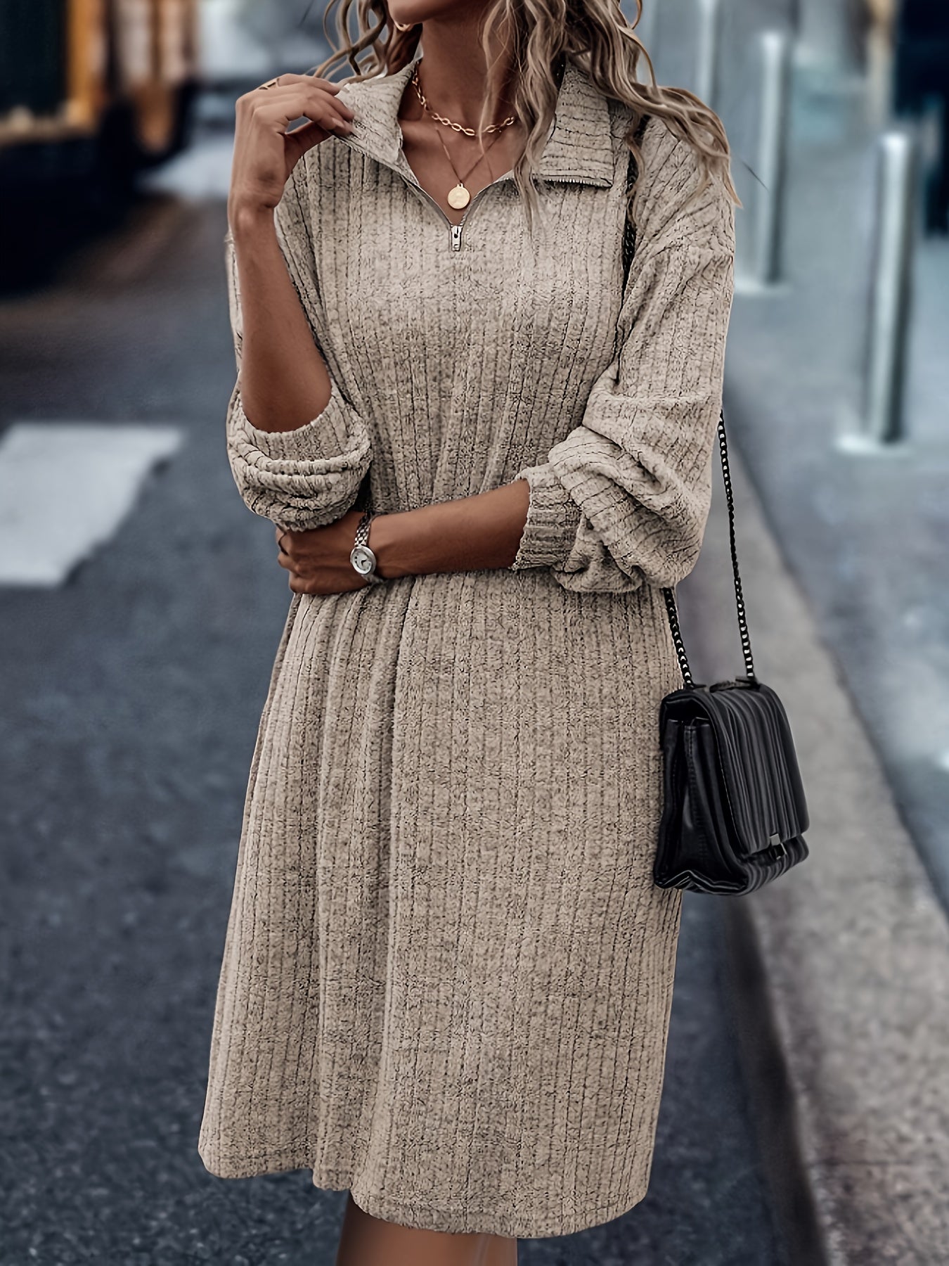 Brown knitted dress - ladies half-zip collar style