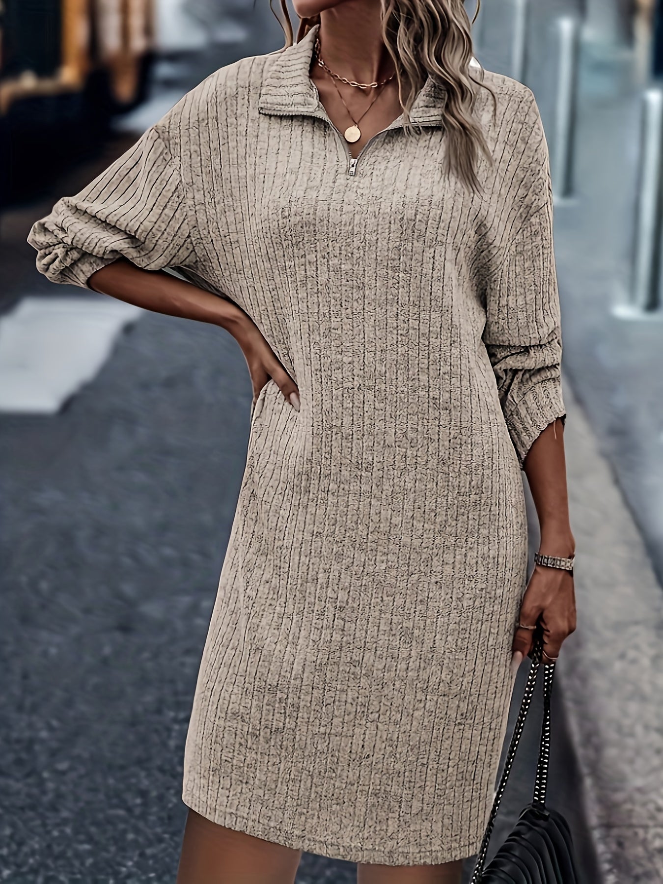 Brown knitted dress - ladies half-zip collar style