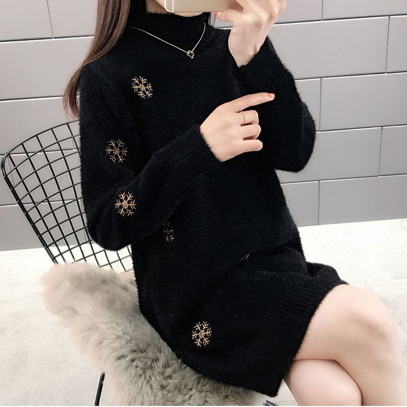 Chic Long Sleeve Ladies Knitted Sweater Dress - With Embroidered Detailing