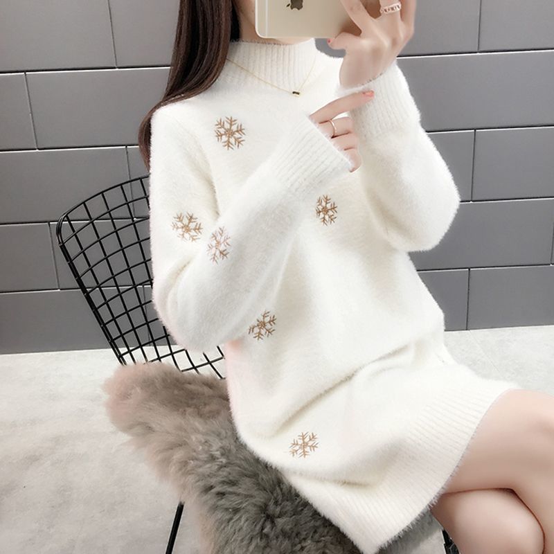 Chic Long Sleeve Ladies Knitted Sweater Dress - With Embroidered Detailing