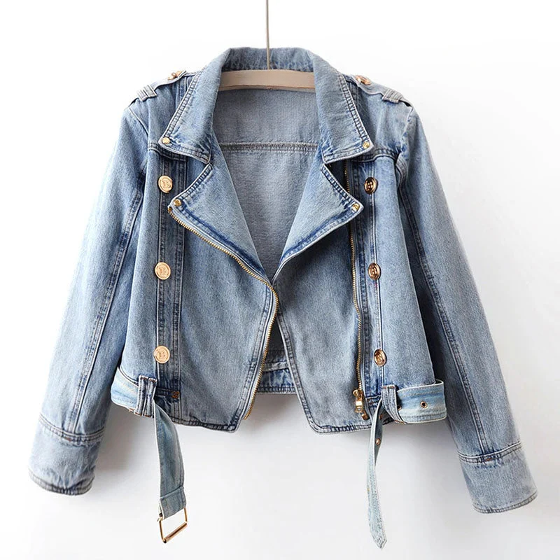 Denim Jacket - Chic Ladies Cropped Biker Jacket