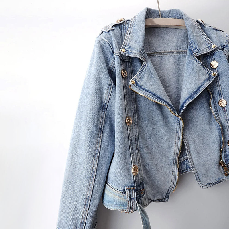 Denim Jacket - Chic Ladies Cropped Biker Jacket
