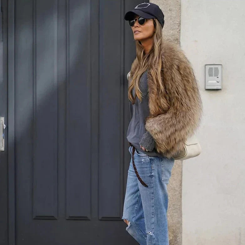 Faux fur jacket - stylish ladies brown plush coat