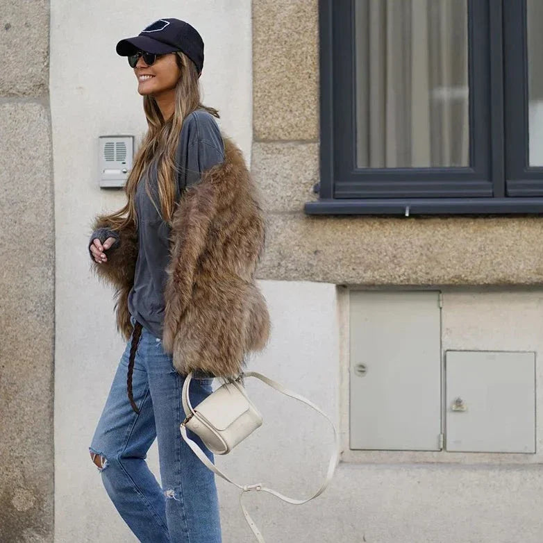 Faux fur jacket - stylish ladies brown plush coat