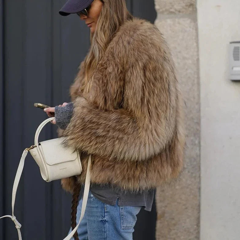 Faux fur jacket - stylish ladies brown plush coat