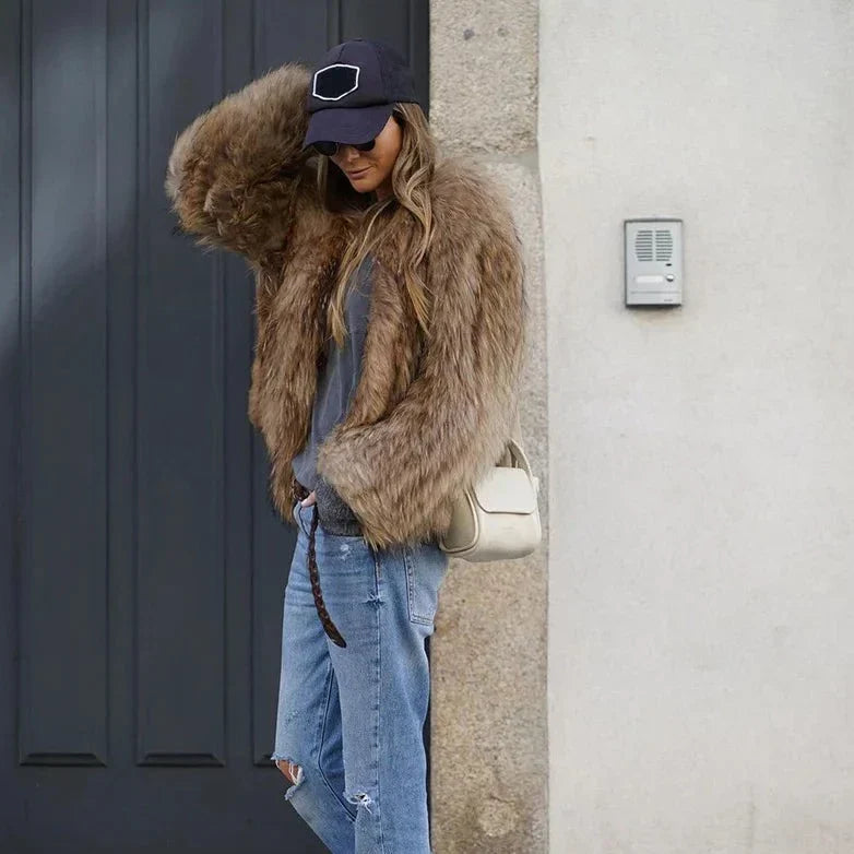 Faux fur jacket - stylish ladies brown plush coat