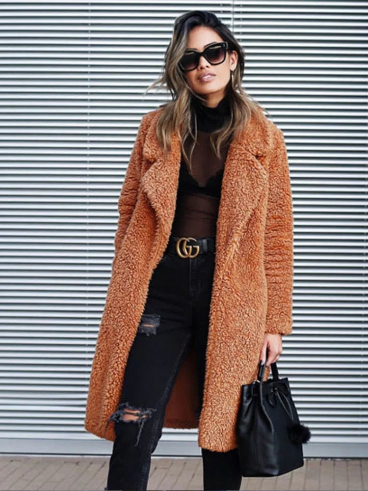 Faux fur long coat - luxurious ladies outerwear