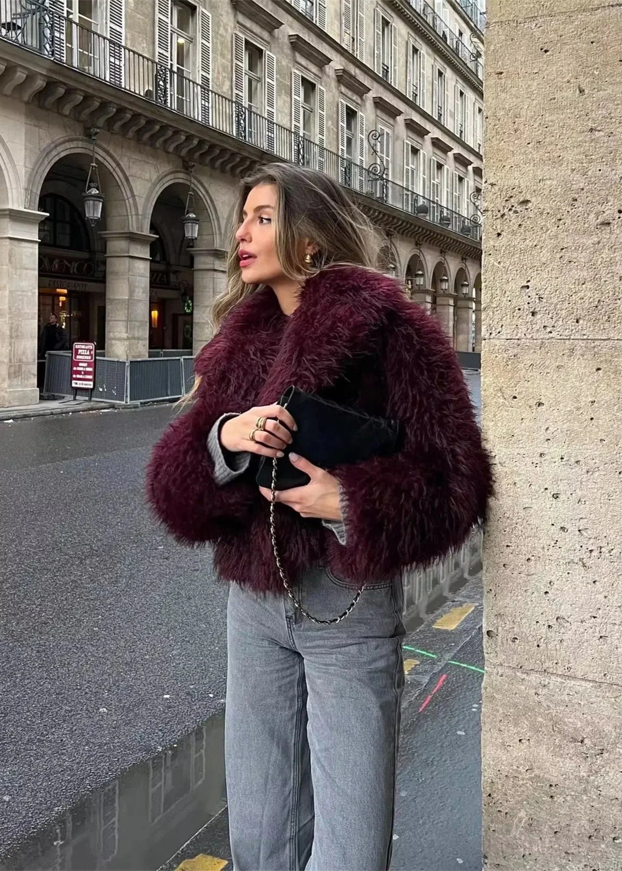 Faux fur winter jacket - burgundy ladies coat
