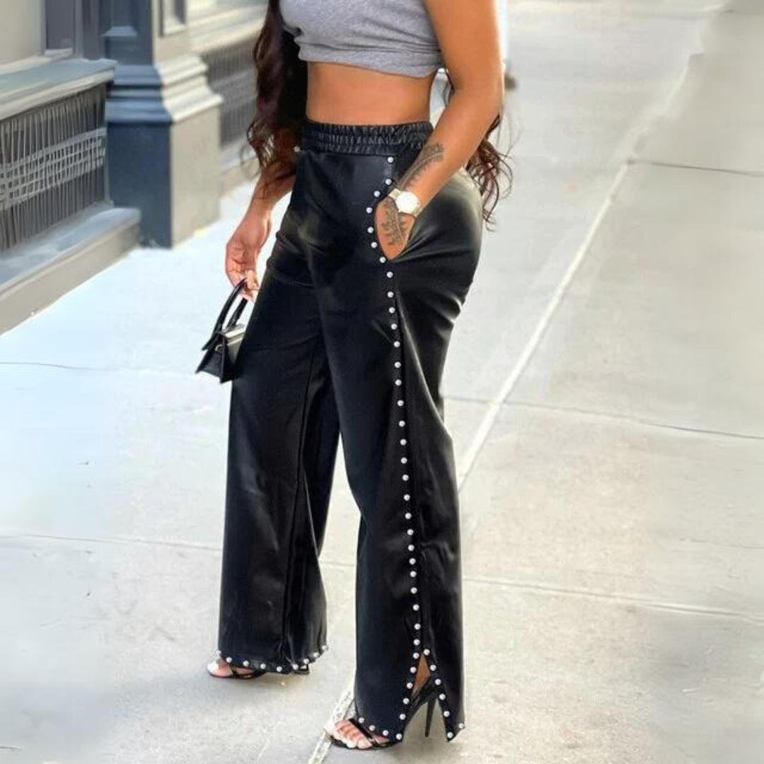 Faux Leather Trousers - Stylish Black Ladies Trousers With Pearl Detailing