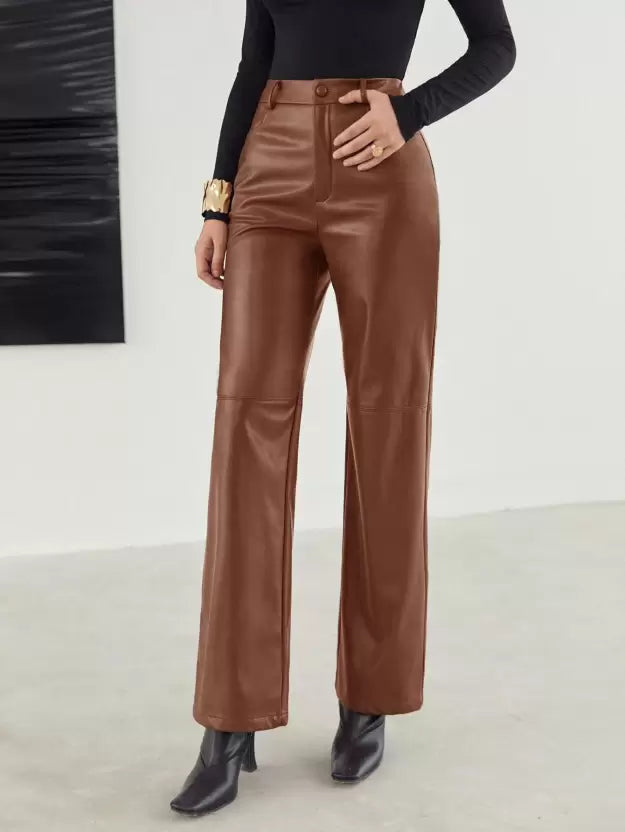 Faux Leather Trousers - Tailored Brown Ladies Wide-Leg Trousers