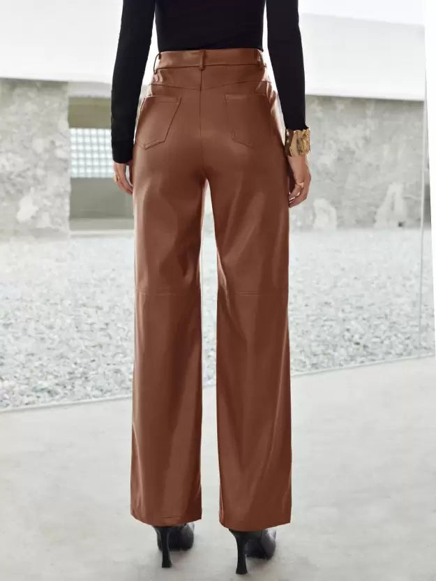 Faux Leather Trousers - Tailored Brown Ladies Wide-Leg Trousers
