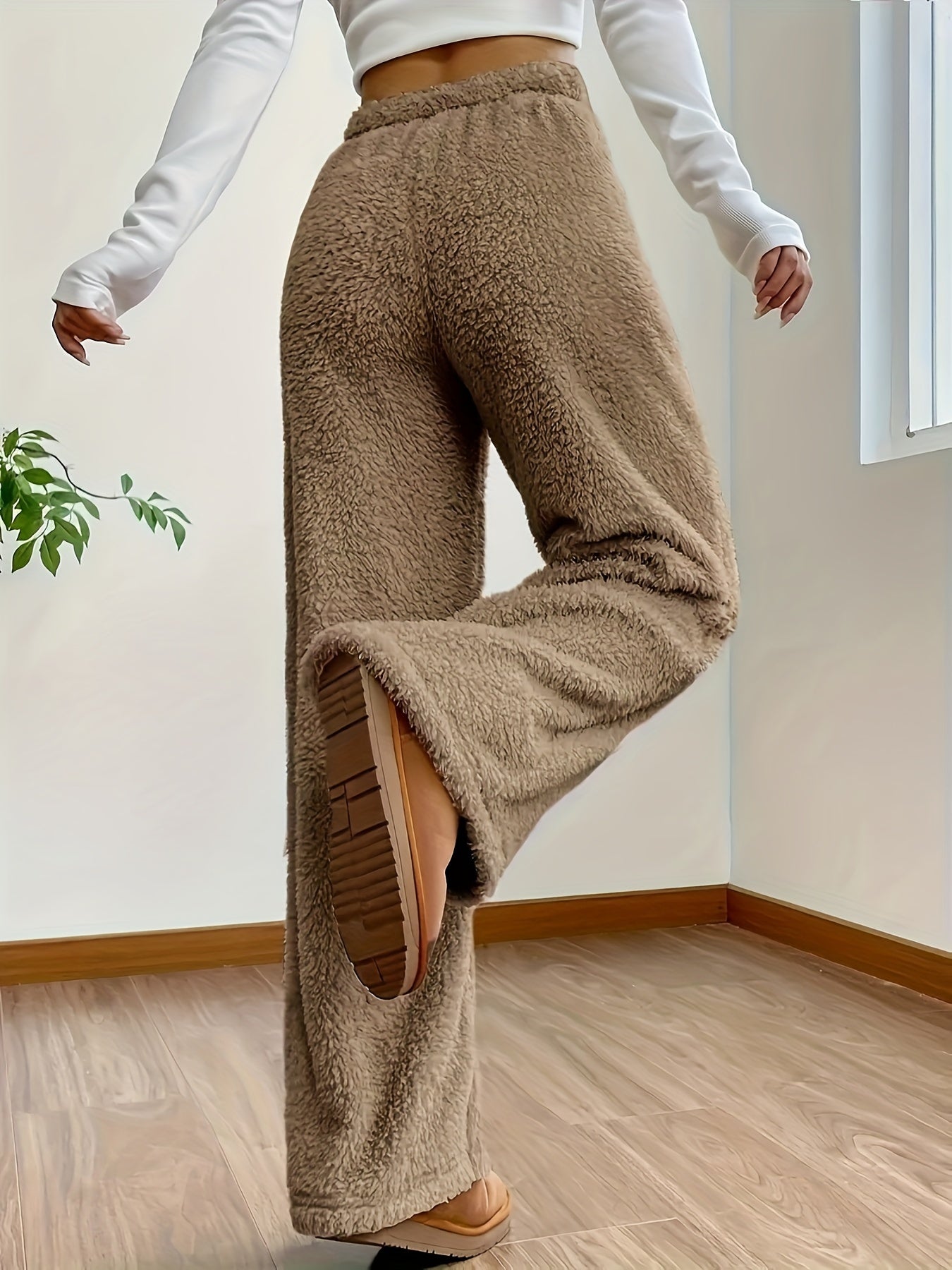 Fleece wide-leg trousers - cozy ladies loungewear bottoms