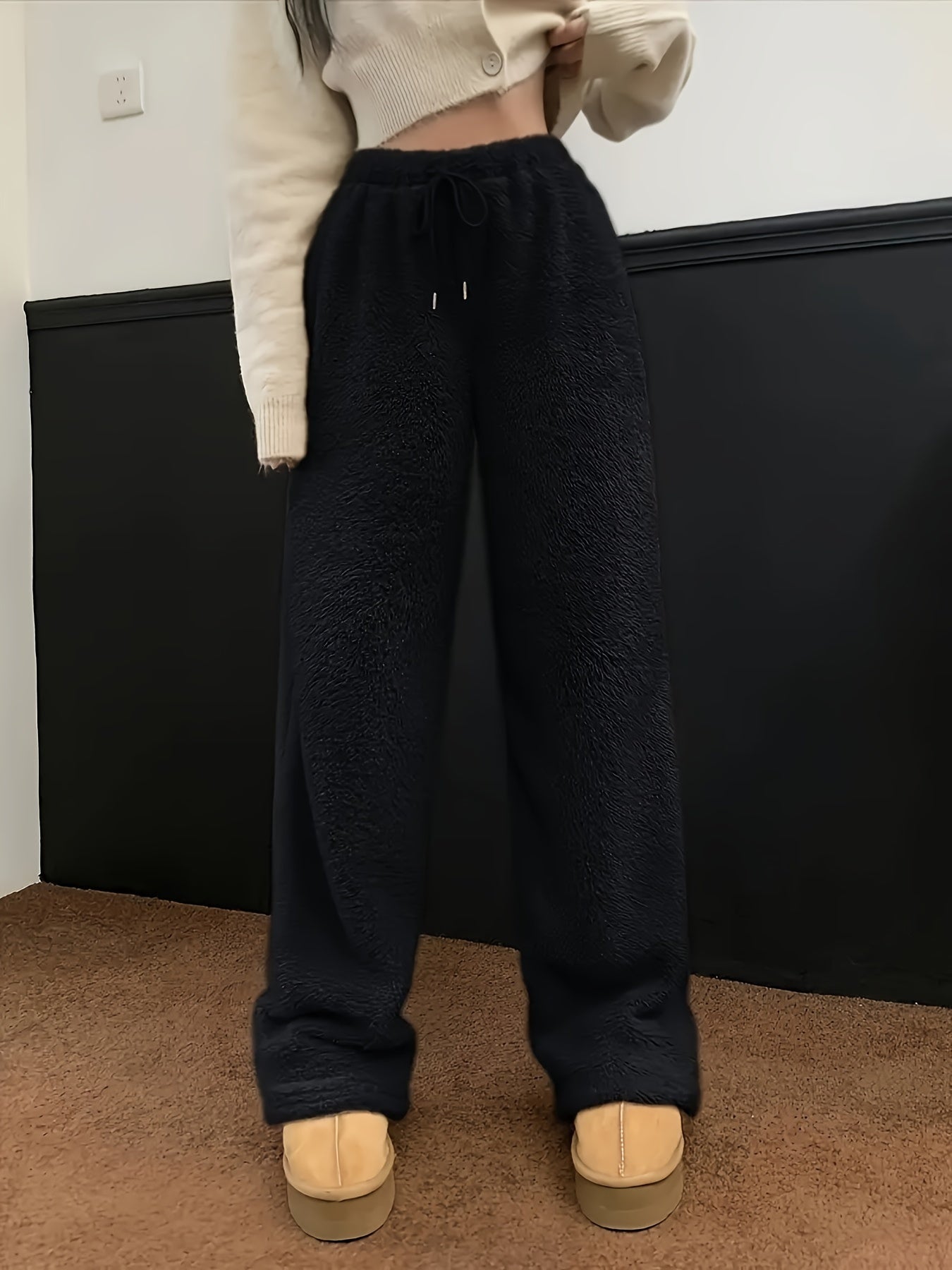 Fleece wide-leg trousers - cozy ladies loungewear bottoms