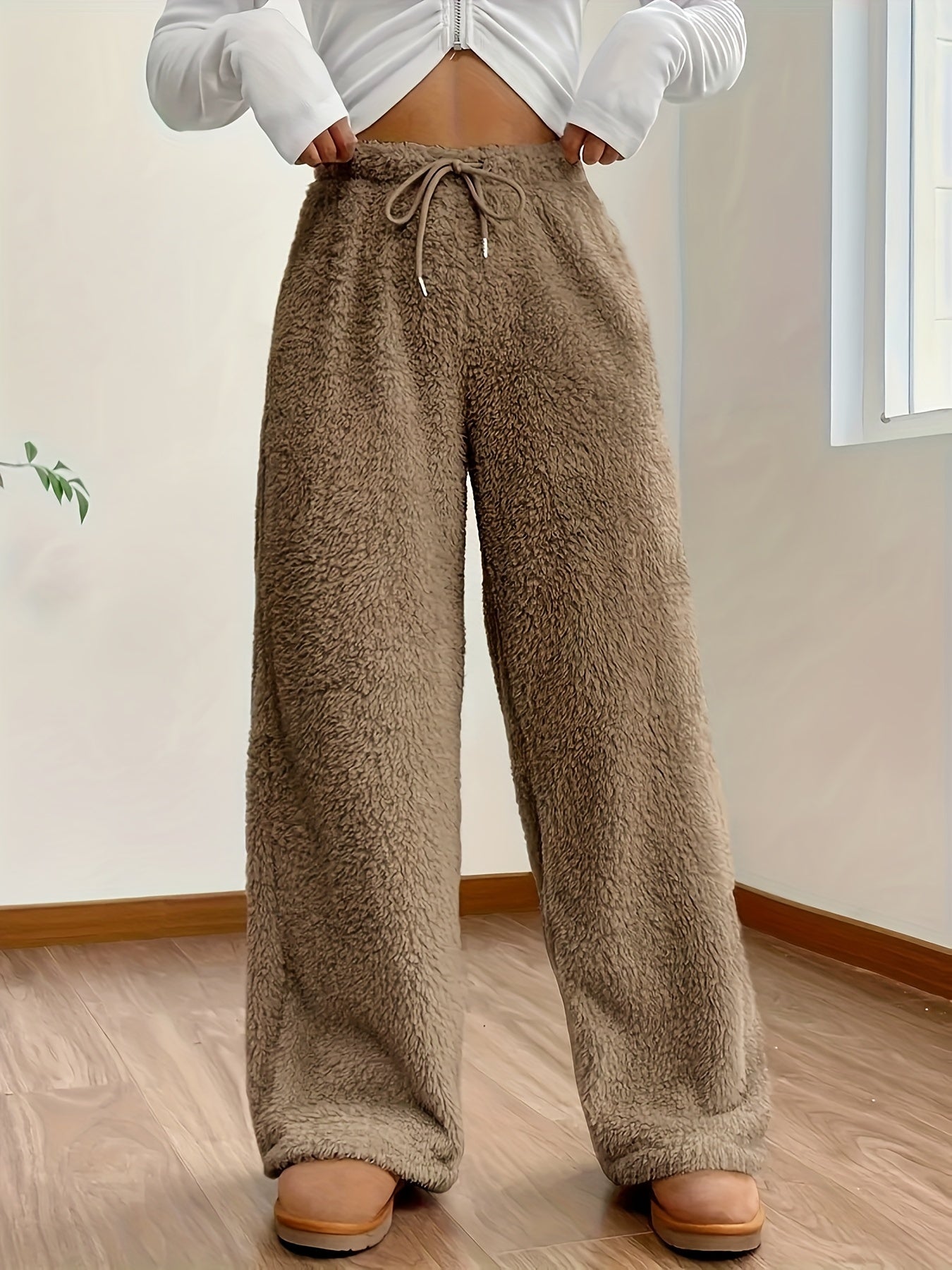 Fleece wide-leg trousers - cozy ladies loungewear bottoms
