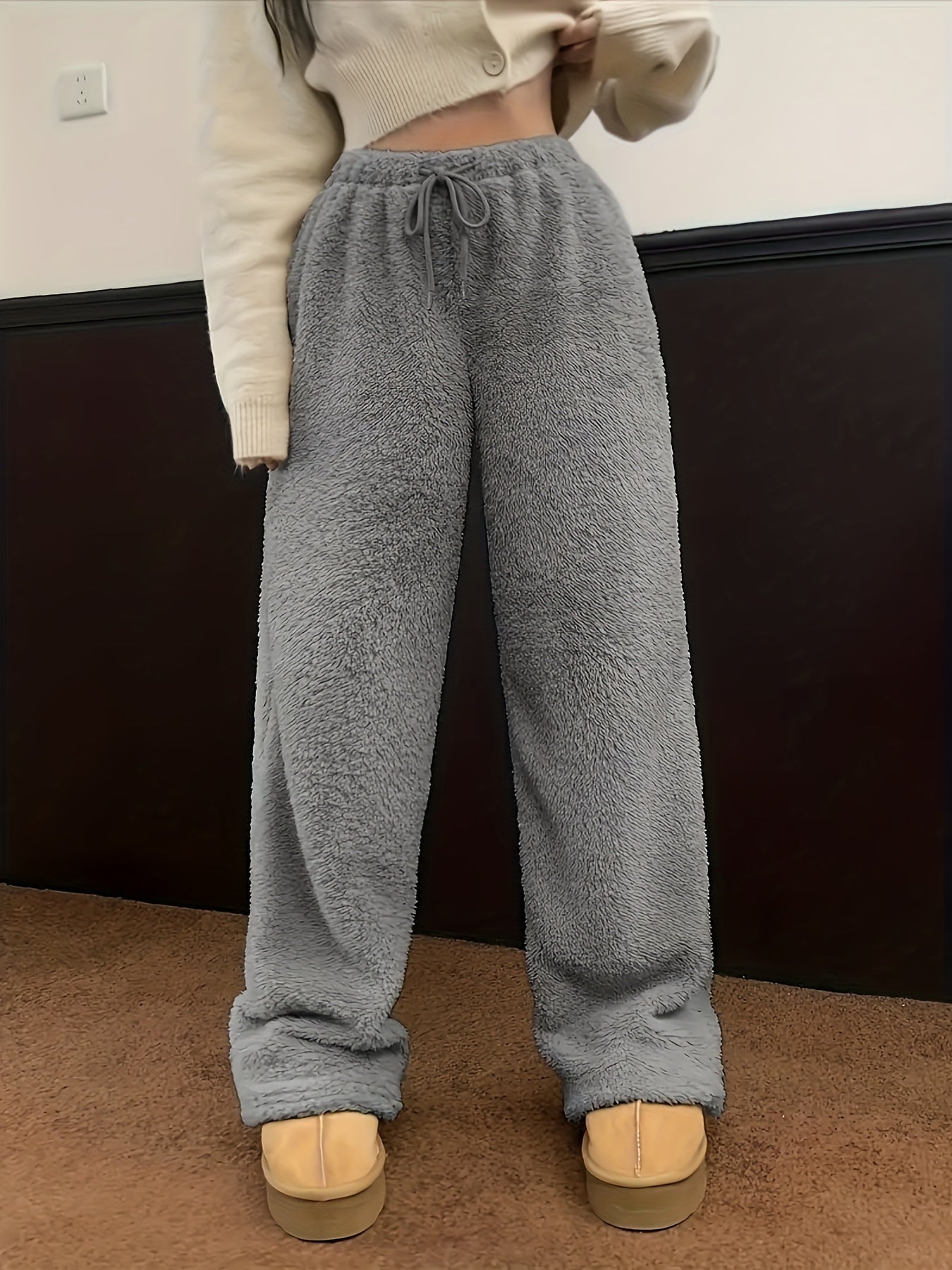 Fleece wide-leg trousers - cozy ladies loungewear bottoms